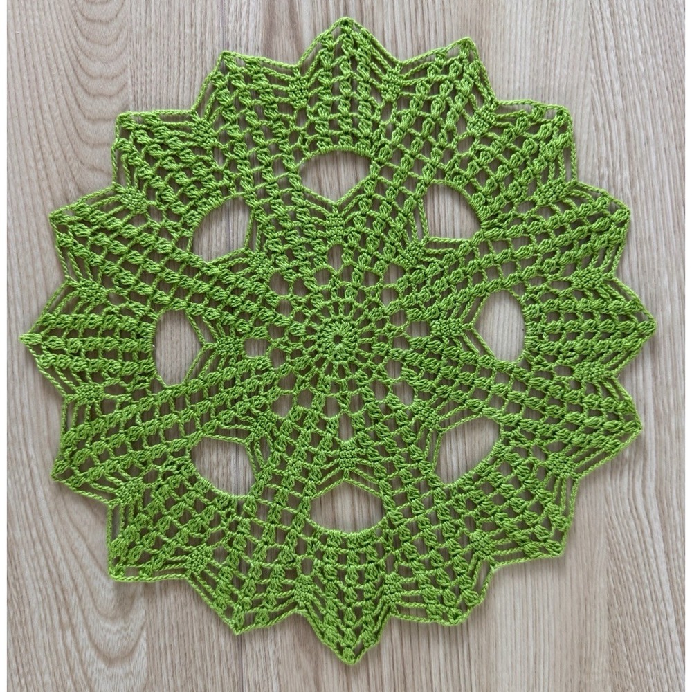 Handmade Green Crochet Doily 11 in Christmas Starburst Mercerized Cotton Table